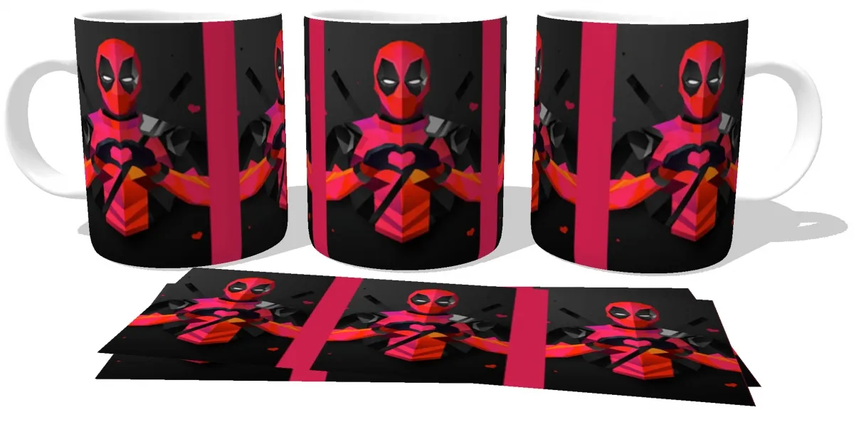 Caneca copo Plástico ou Cerâmica Deadpool coraçãozinho marvel