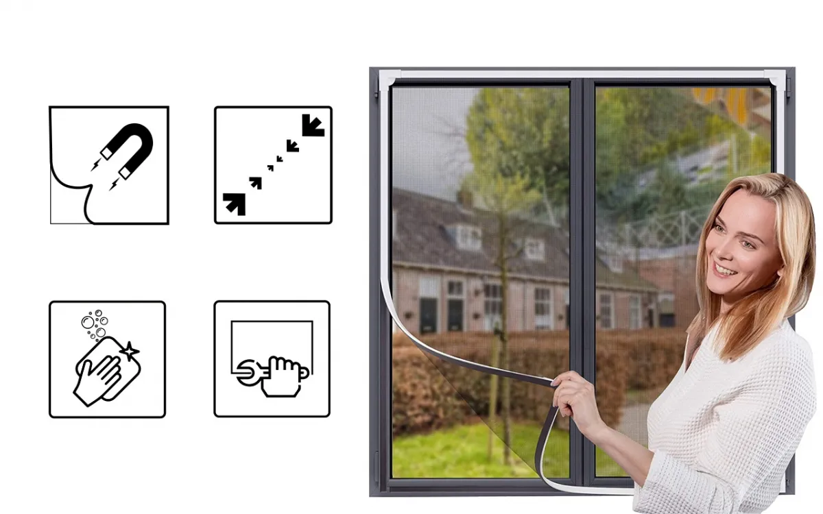 Tela Mosquiteira magnética ajustável para janela - 130x205 cm, frame cor preta, tela cor cinza