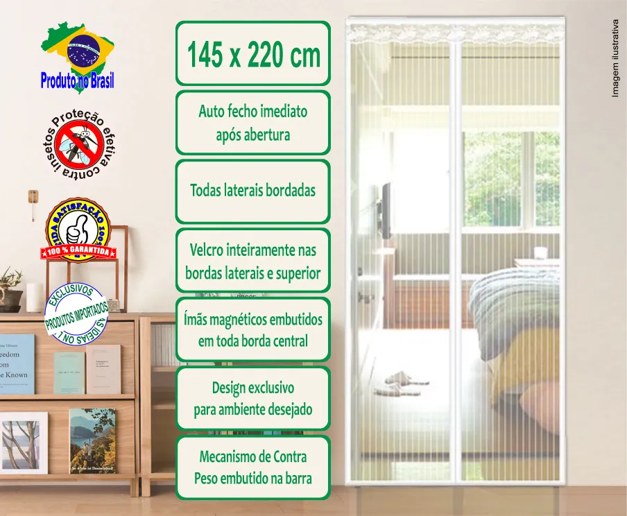  Tela Mosquiteira Magnética - Branca Listrada Vertical 145 x 220 cm