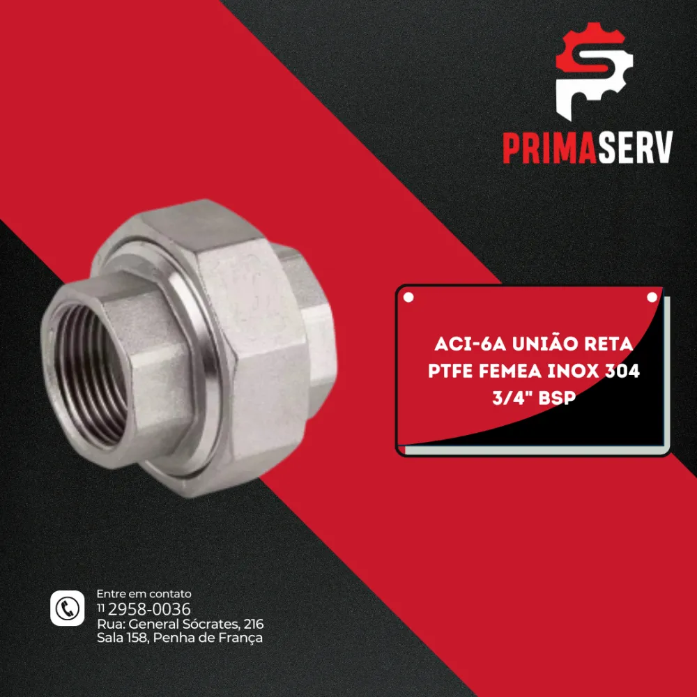ACI-6A UNIÃO RETA PTFE FEMEA INOX 304 3/4" BSP