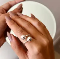 ANEL DUAS BOLAS, REGULÁVEL, ANTIALÉRGICO, BANHADO A PRATA 925