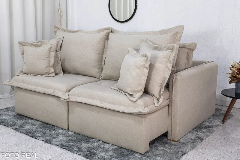 Sofá Retrátil e Cama 4 Almofadas Roma Tecido Bege Linho  2 metros Super promoção