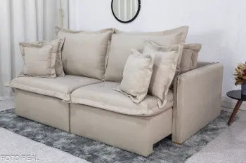 Sofá Retrátil e Cama 4 Almofadas Petra, Roma e Lima Lima Tecido Bege Linho  2 metros Super promoção