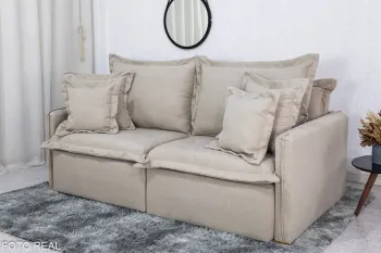 Sofá Retrátil e Cama 4 Almofadas Petra, Roma e Lima Lima Tecido Bege Linho  2 metros Super promoção - Foto 2