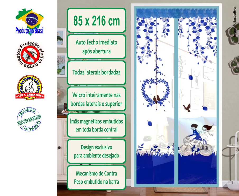 Tela cortina magnética contra insetos, azul, estampa casal de bicicleta 85 x 216 cm Imagem