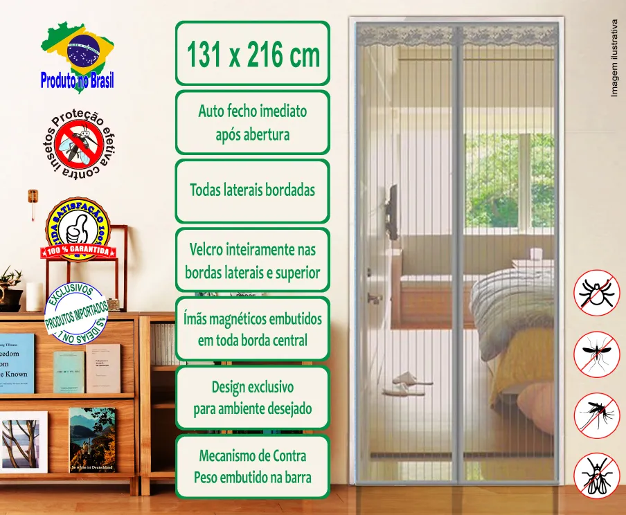 Tela mosquiteira magnética, cor prateada, tecido listrado vertical - 131 x 215 cm