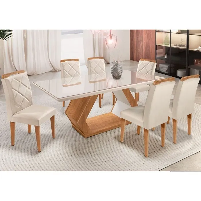 Conjunto Mesa com Vidro Pés Madeira Maciça 6 Cadeiras Madeira Tecido A40 Móveis Imagem