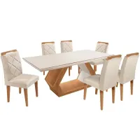 Conjunto Mesa com Vidro Pés Madeira Maciça 6 Cadeiras Madeira Tecido A40 Móveis - Foto 2