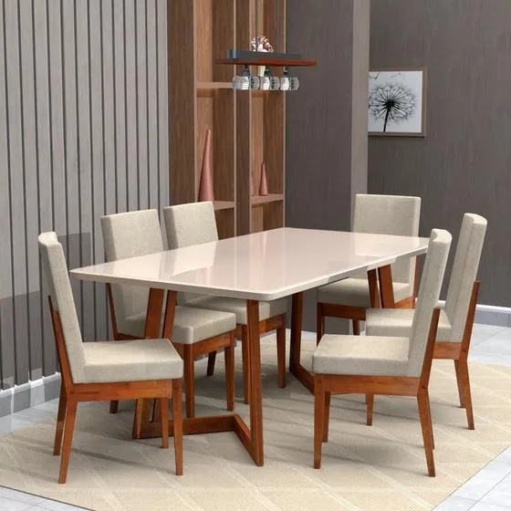 Mesa de Jantar 6 Cadeiras Retangular Freijo e Off DJ Móveis Copenhague Imagem