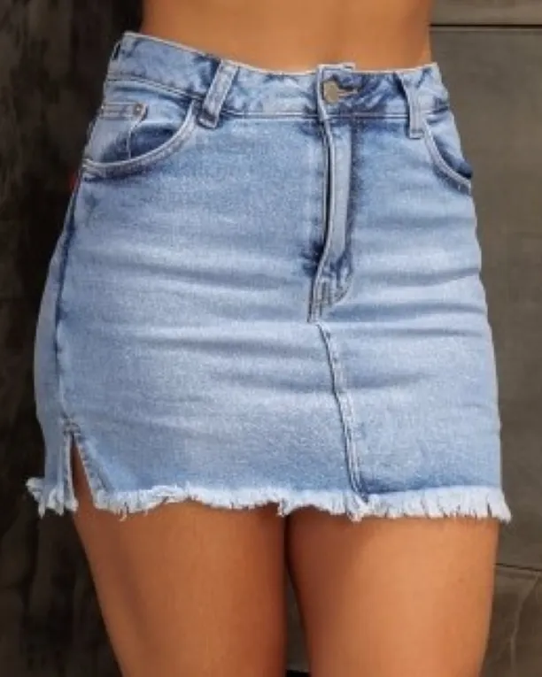 Saia Shorts Jeans Revanche Feminina Azul Claro Glitter Imagem