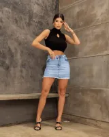 Saia Shorts Jeans Revanche Feminina Azul Claro Glitter - Foto 2