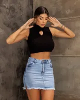 Saia Shorts Jeans Revanche Feminina Azul Claro Glitter - Foto 3