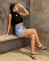 Saia Shorts Jeans Revanche Feminina Azul Claro Glitter - Foto 4