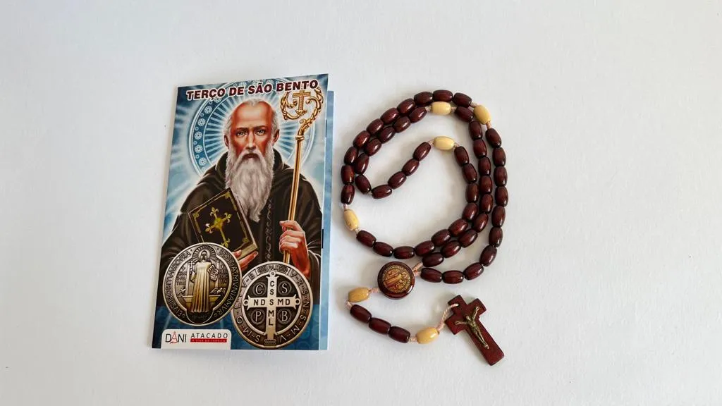 Cópia de Lindo Terço Madeira São Bento 46 Cm + Folheto Oração