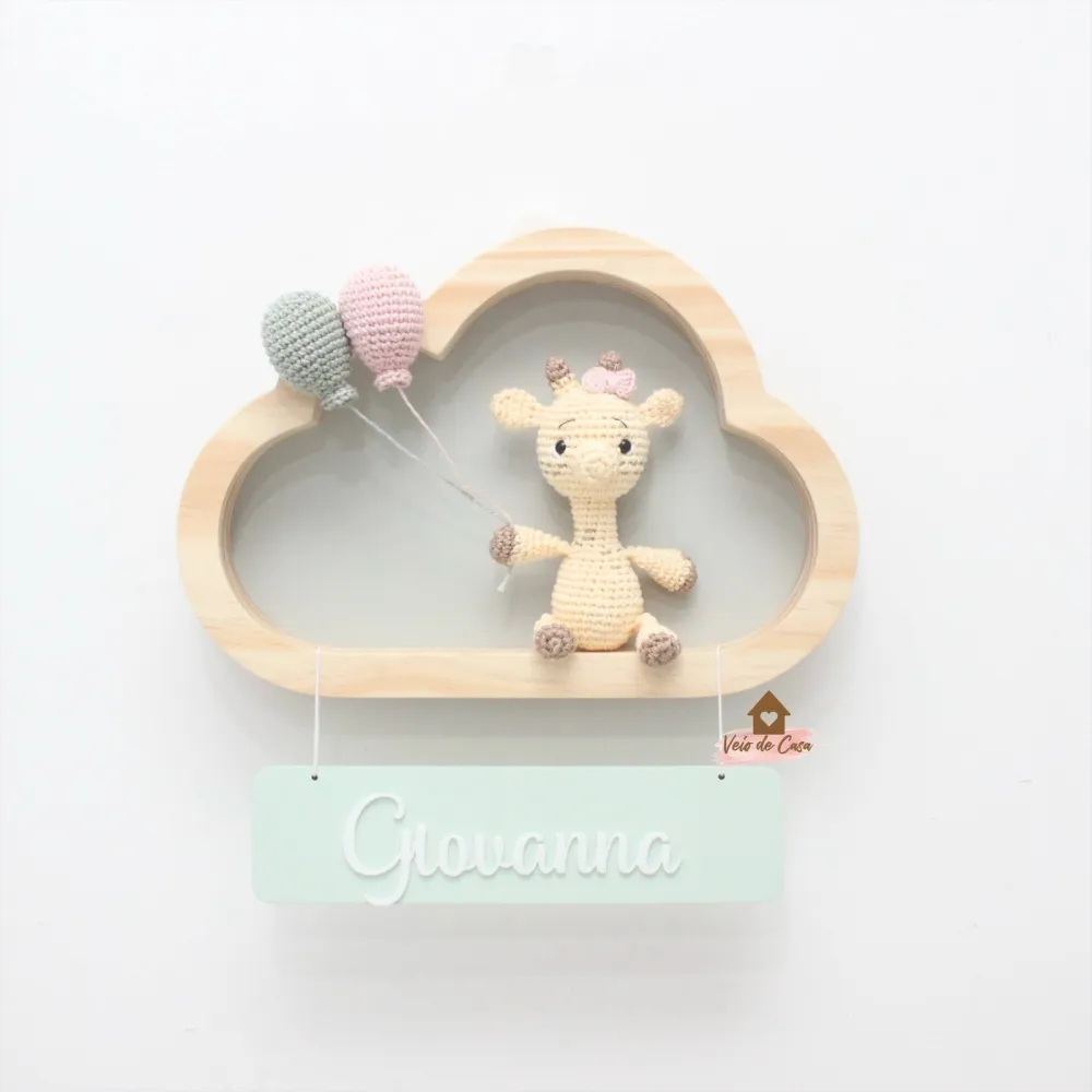 Girafa - Menina - 2 balões - Nuvem P - Placa Colorida - Porta Maternidade