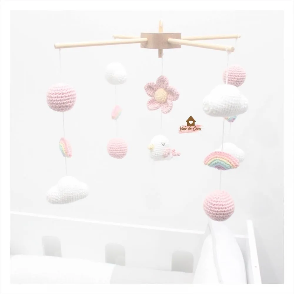 Cópia de Móbile Passarinho + Flor + Nuvens + Arco-Íris + Bolinhas