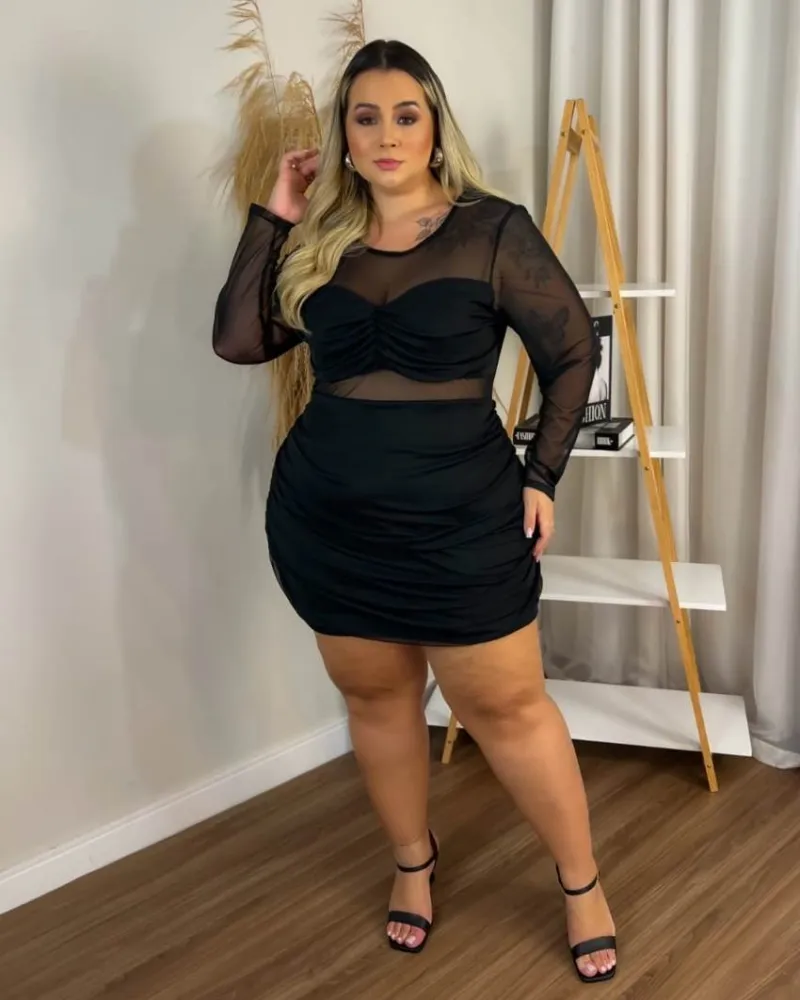 Vestido Curto Drapeado Tule Hot Pink Preto