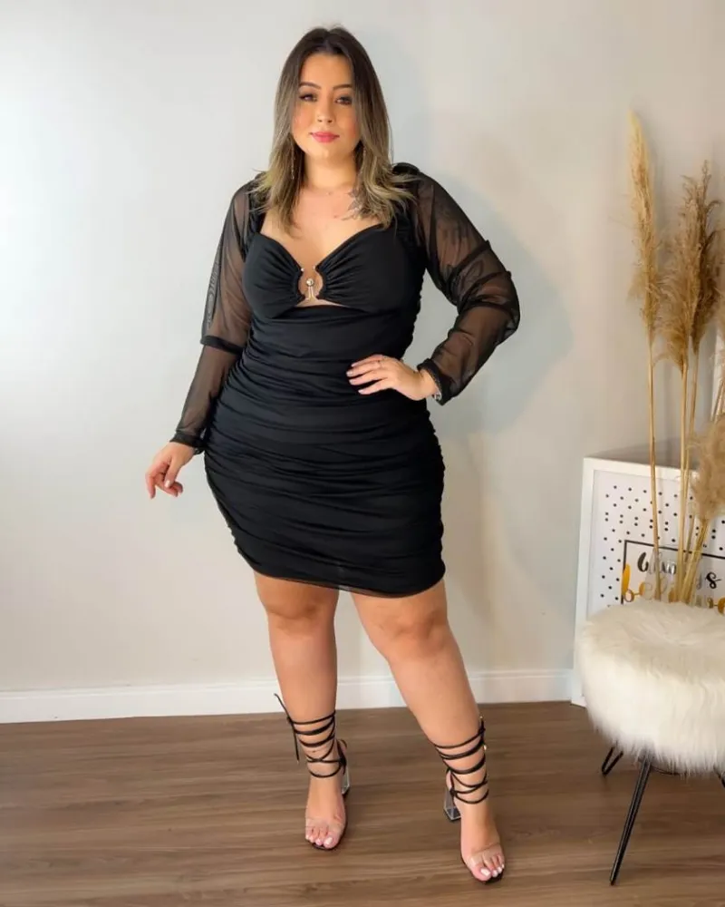 Vestido Curto Drapeado Tule It Curves Preto Imagem