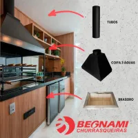 Kit Churrasqueira de Vidro a Carvão Braseiro Cooktop 75cm Grande com 3 Tubos Coifa e Grelha Moeda