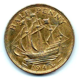 Reino Unido - 1943 - 1/2 Penny - UTG - Banhada