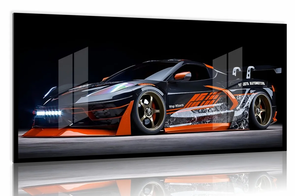 Quadro Decorativo Carro Corvette Corrida 130x60 com moldura preta 2x2 cm Imagem
