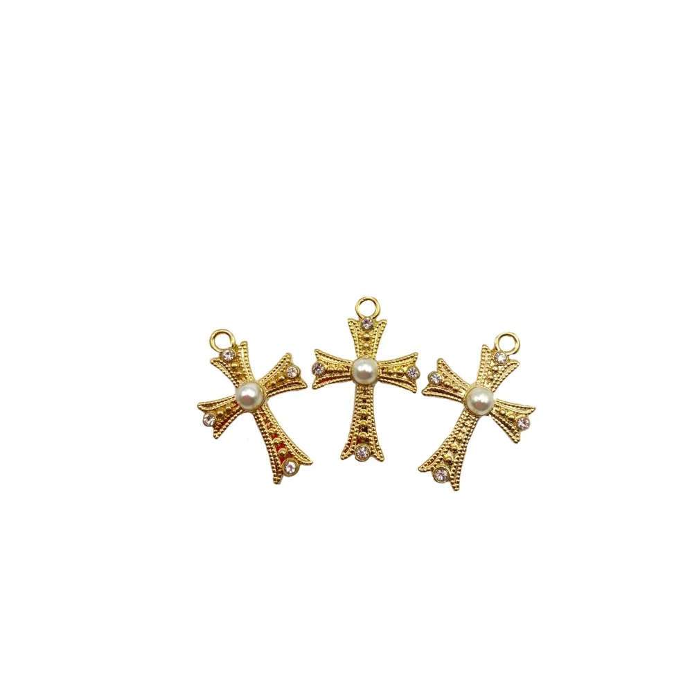 Pingente cruz com pérola dourado Imagem