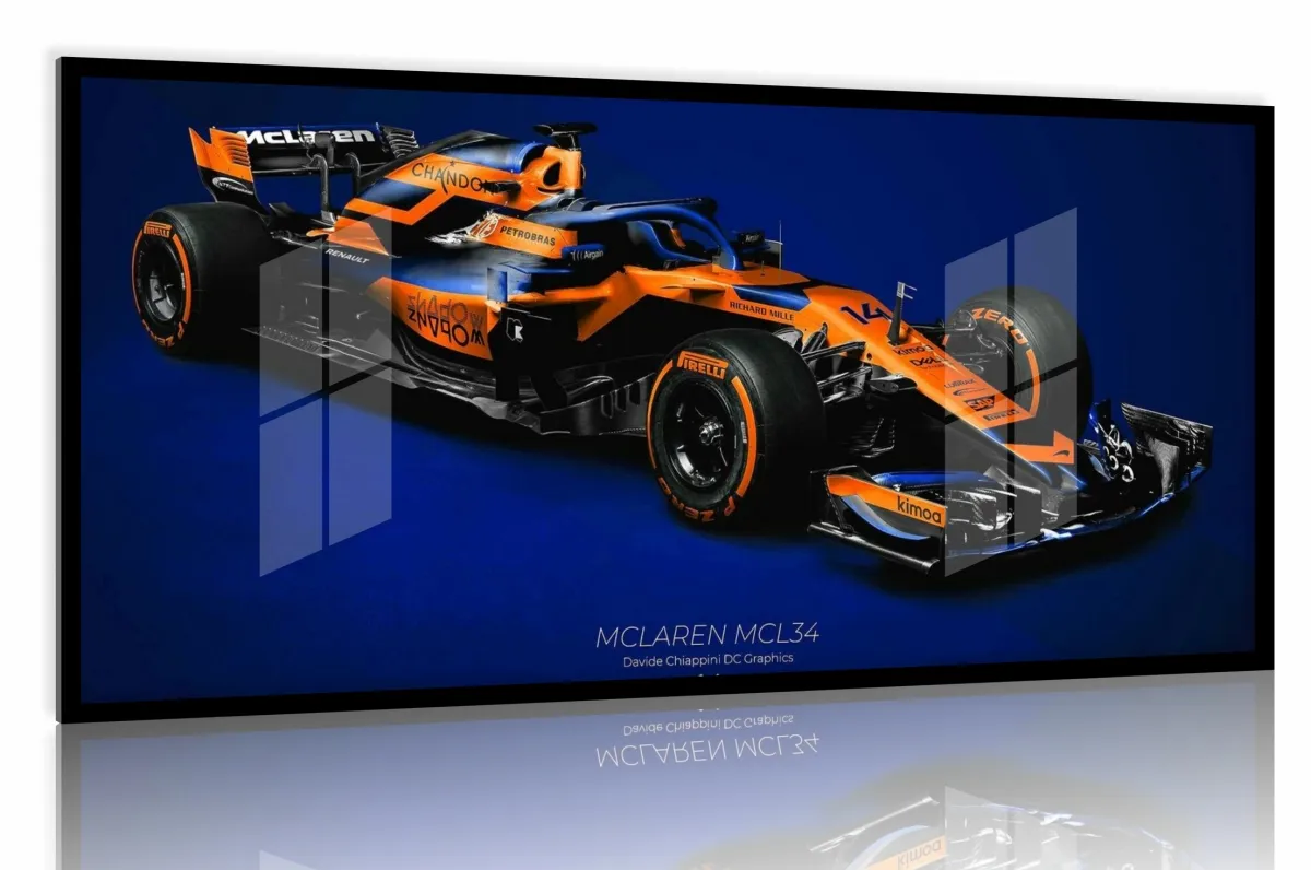 Quadro Decorativo Carro F1 MClaren MCL34 Corrida 130x60 moldura preta 2x2 cm Imagem