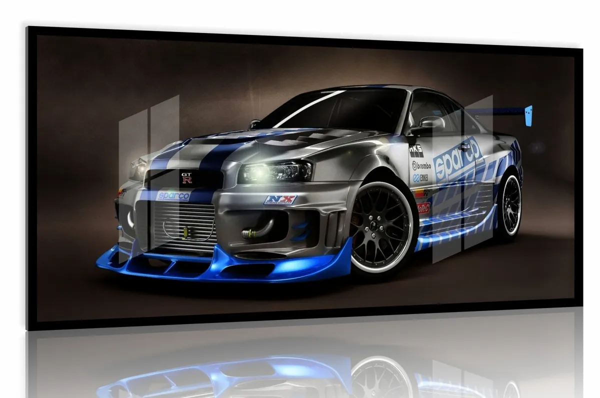 Quadro Decorativo Carro Nissan GTR  130x60 com moldura preta 2x2 cm Imagem