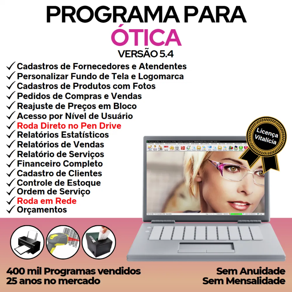 Programa para Ótica e Relojoalheria, Serviços, Vendas, Financeiro e Estatística v5.4 Plus