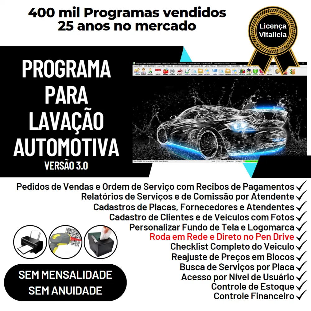 Programa para Lavagem Automotiva com Ordem de Serviço, Vendas e Financeiro v3.0 Plus