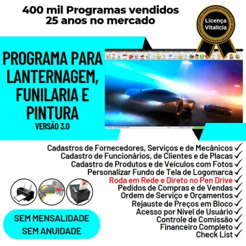 Programa para Lanternagem, Funilaria, Pintura, Serviços Financeiro com Comissão v3.0 Plus
