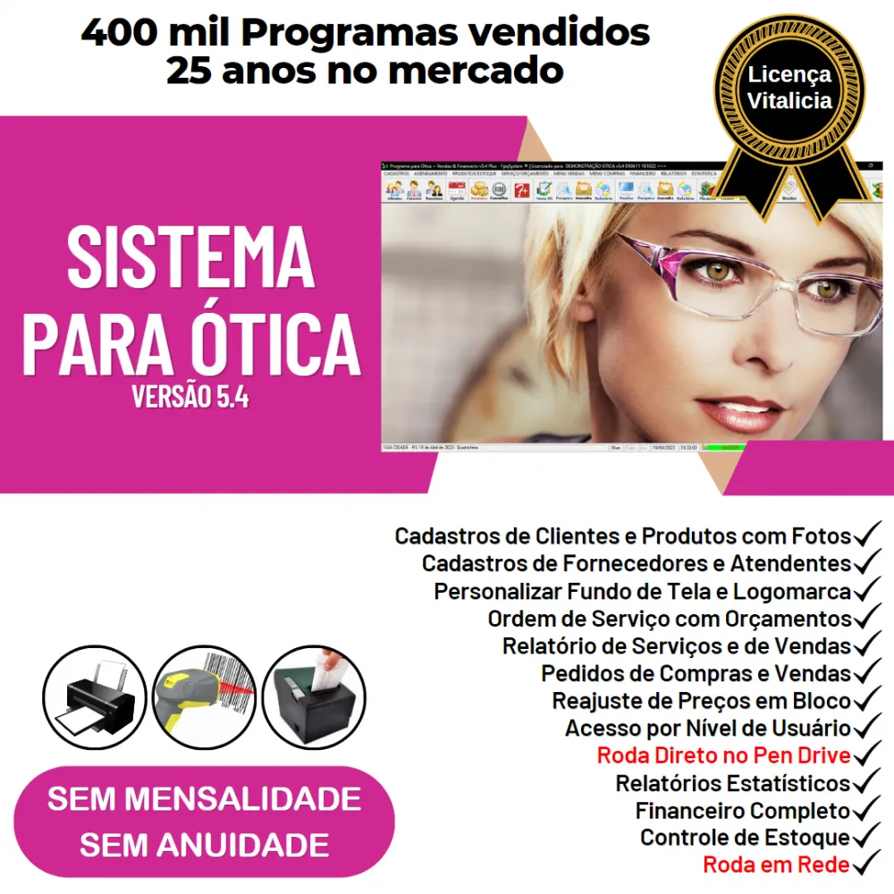 Sistema para Ótica e Relojoalheria, Serviços, Vendas, Financeiro e Estatística v5.4 Plus