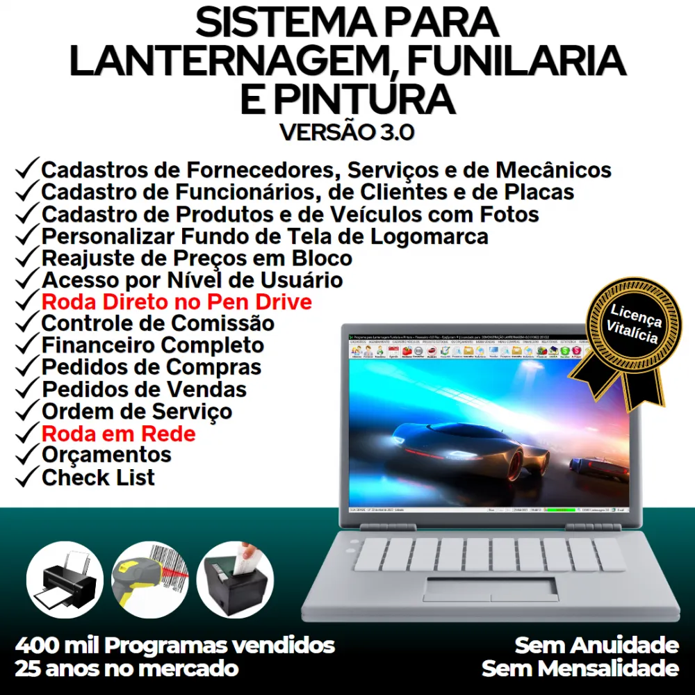 Sistema para Lanternagem, Funilaria, Pintura, Serviços Financeiro com Comissão v3.0 Plus