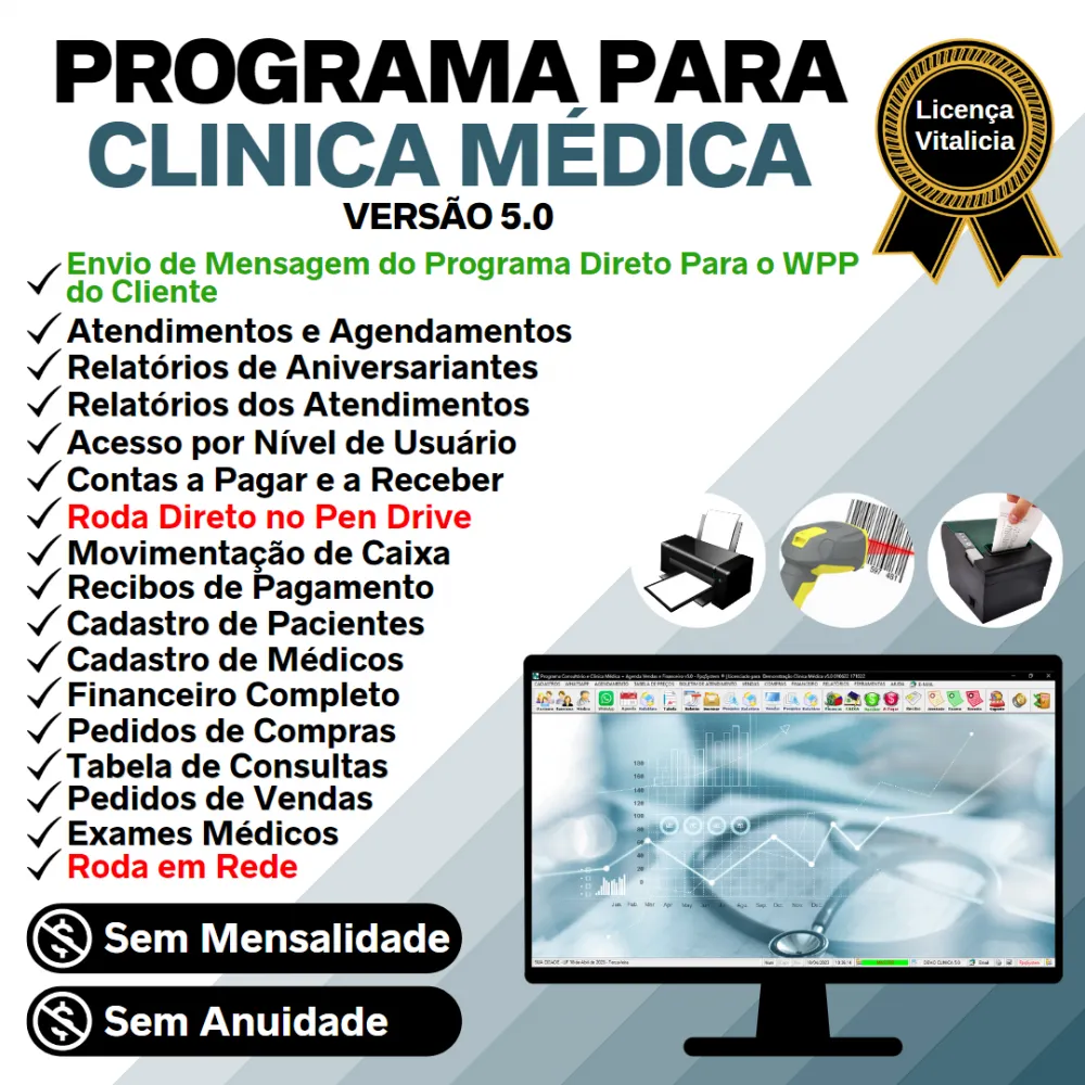 Software Consultório e Clinica Médica com Agendamento, Vendas e Financeiro v5.0 Plus + WhatsApp