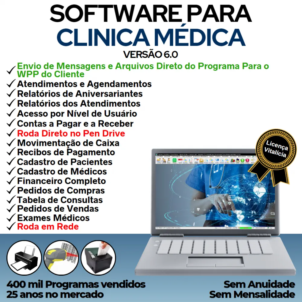 Software Consultório e Clinica Médica com Agendamento, Vendas e Financeiro v6.0 Plus + WhatsApp