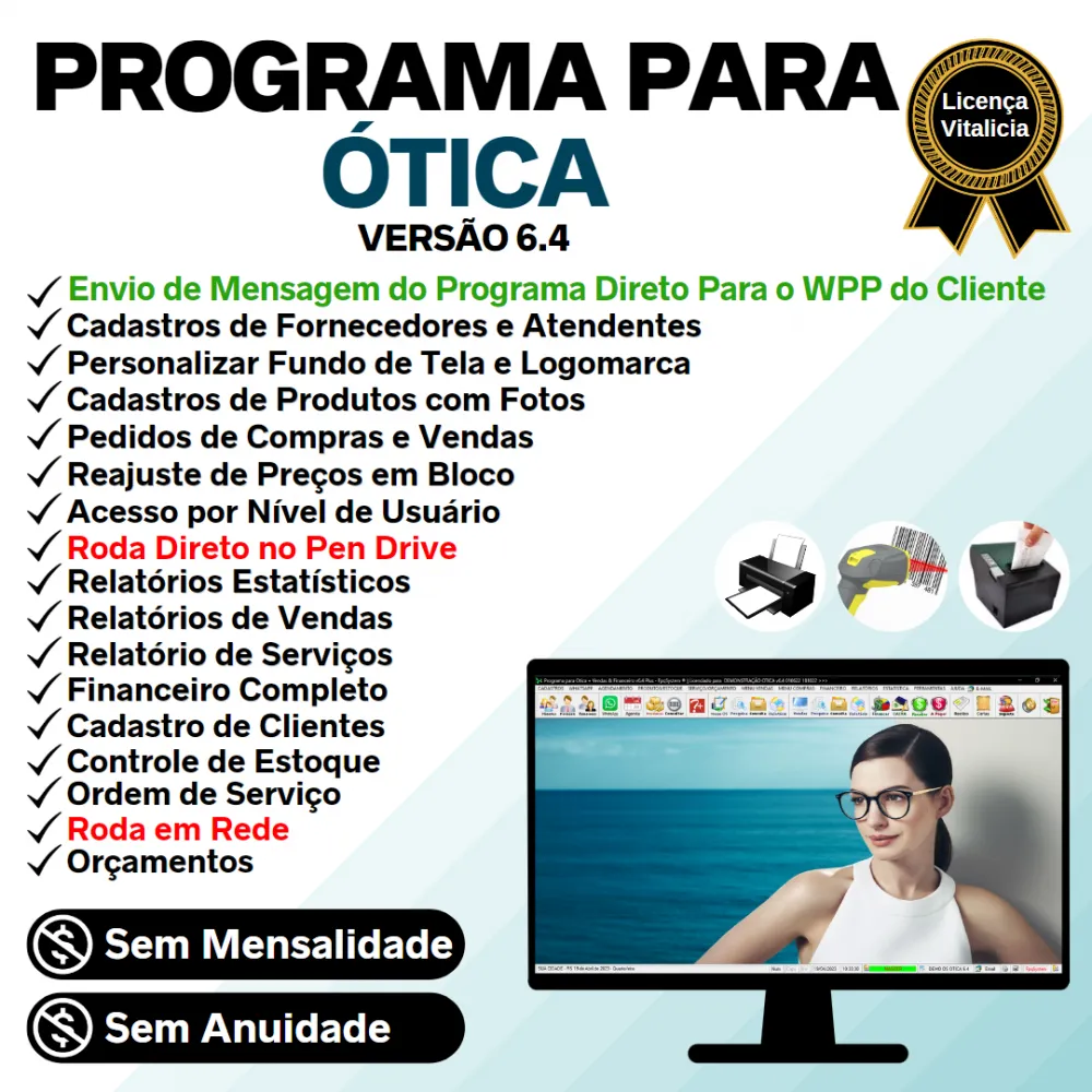Programa para Ótica e Relojoalheria, Serviços, Vendas, Financeiro e Estatística v6.4 Plus + WhatsApp