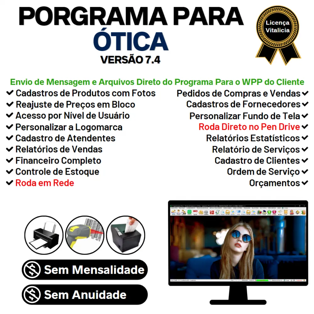 Programa para Ótica e Relojoalheria, Serviços, Vendas, Financeiro e Estatística v7.4 Plus + WhatsApp