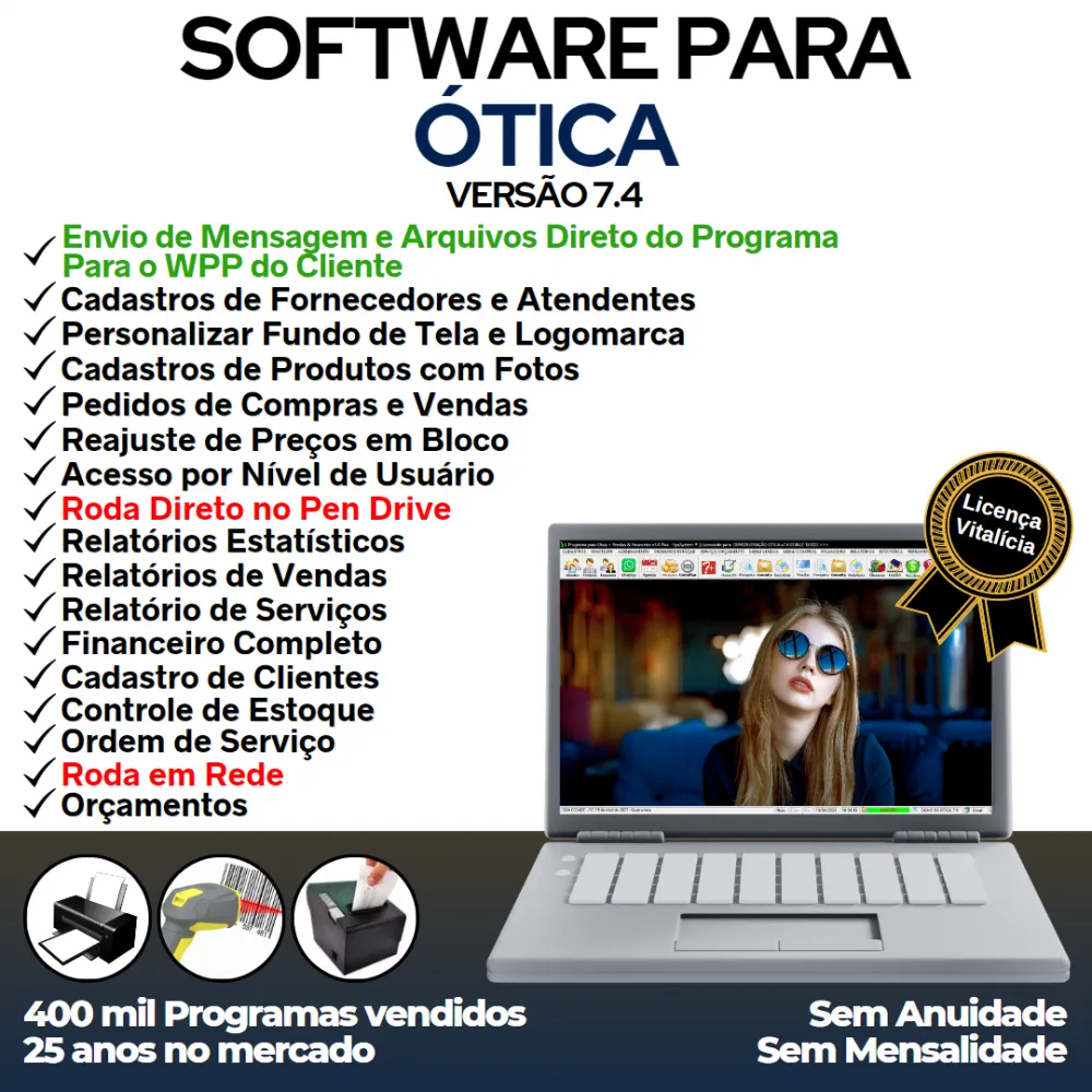 Software para Ótica e Relojoalheria, Serviços, Vendas, Financeiro e Estatística v7.4 Plus + WhatsApp