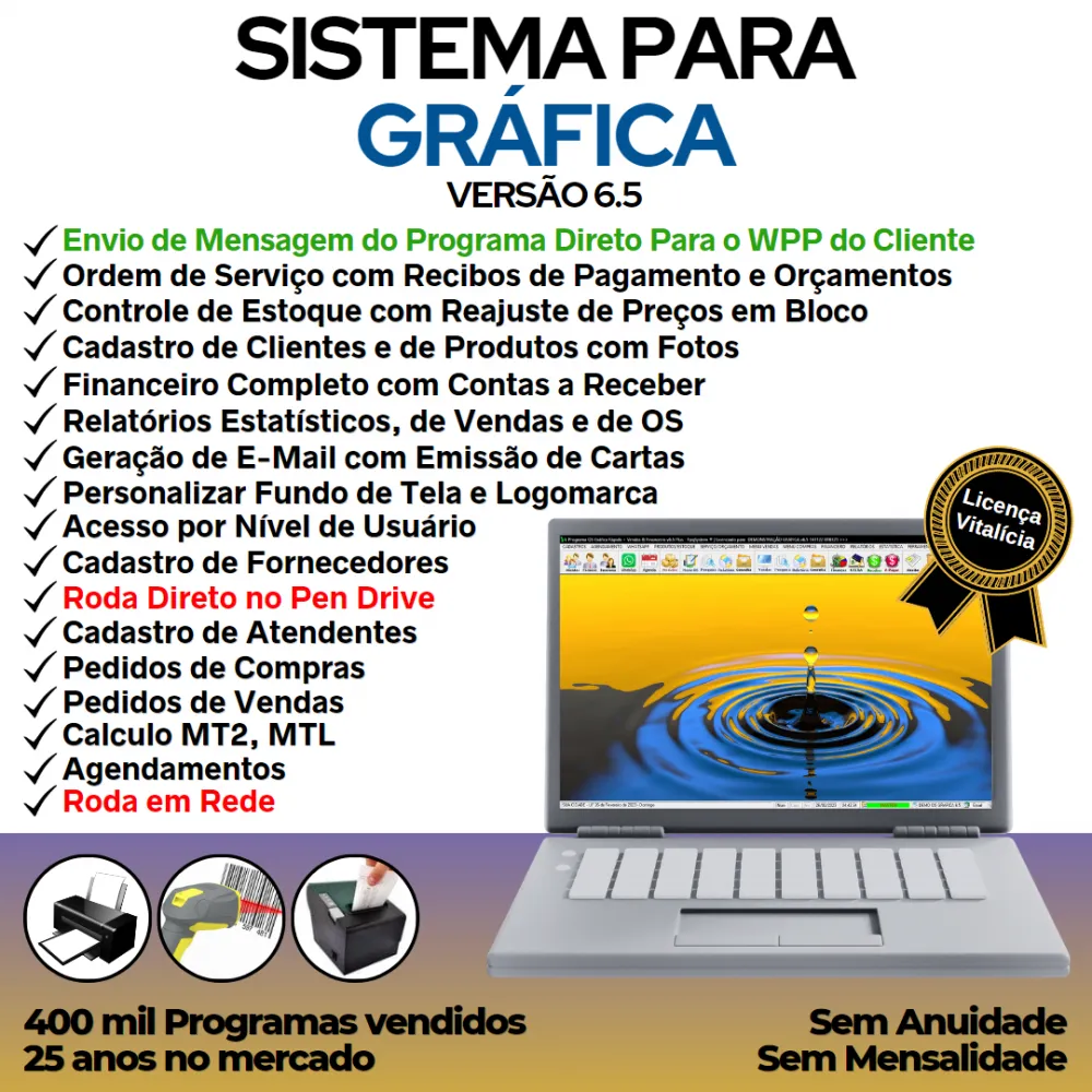 Sistema Ordem de Serviço Gráfica Rápida, Vendas, Estoque, Financeiro e Estatística v6.5 Plus WhatsApp
