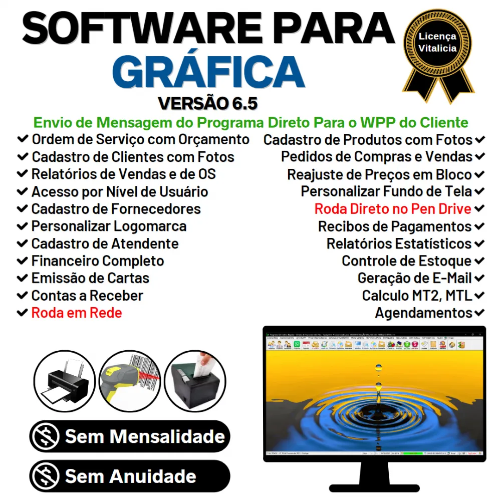 Software Programa Ordem de Serviço Gráfica Rápida, Vendas, Estoque, Financeiro e Estatística v6.5 Plus WhatsApp