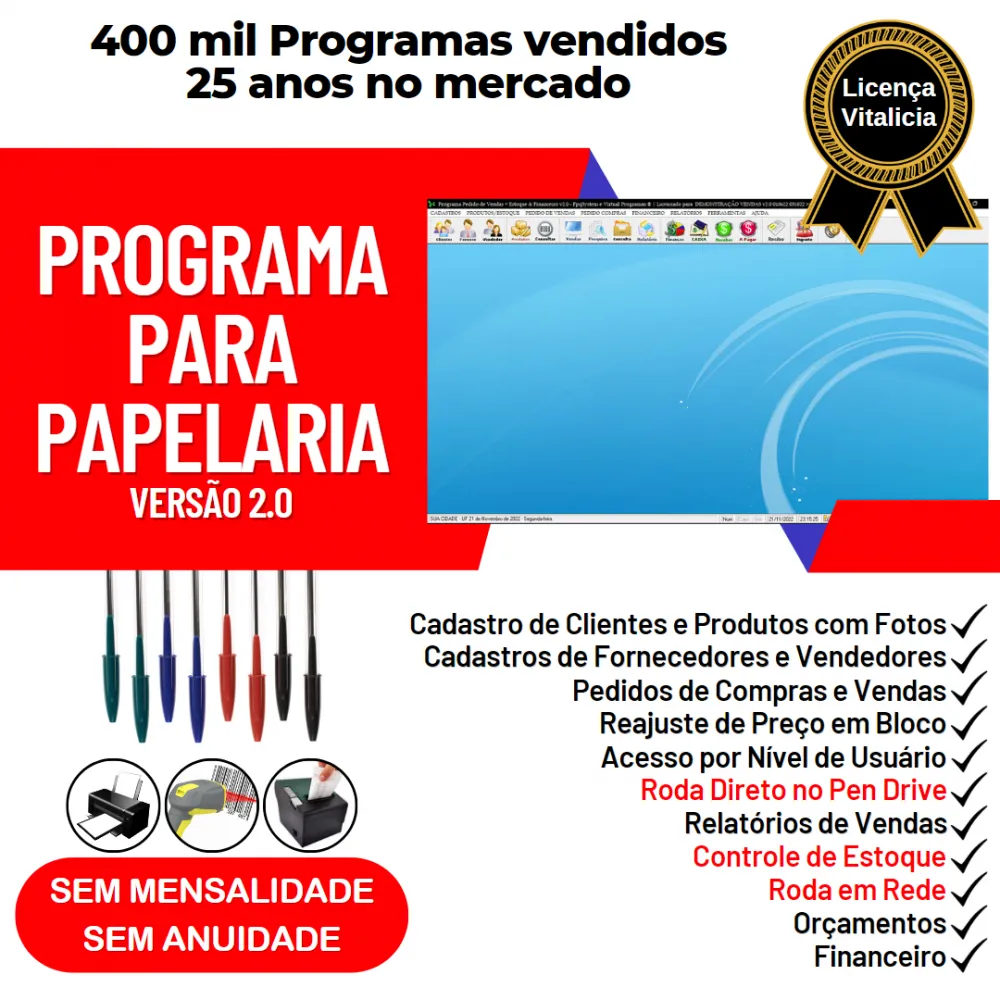 Programa Papelaria Presentes Estoque + Vendas Financeiro 2.0