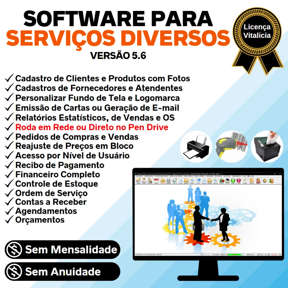 Software Ordem de Serviços Diversos com Vendas, Financeiro e Estatística v5.6 Plus