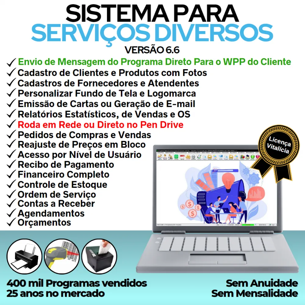 Sistema OS Serviços Diversos com Vendas, Financeiro e Estatística v6.6 Plus + WhatsApp
