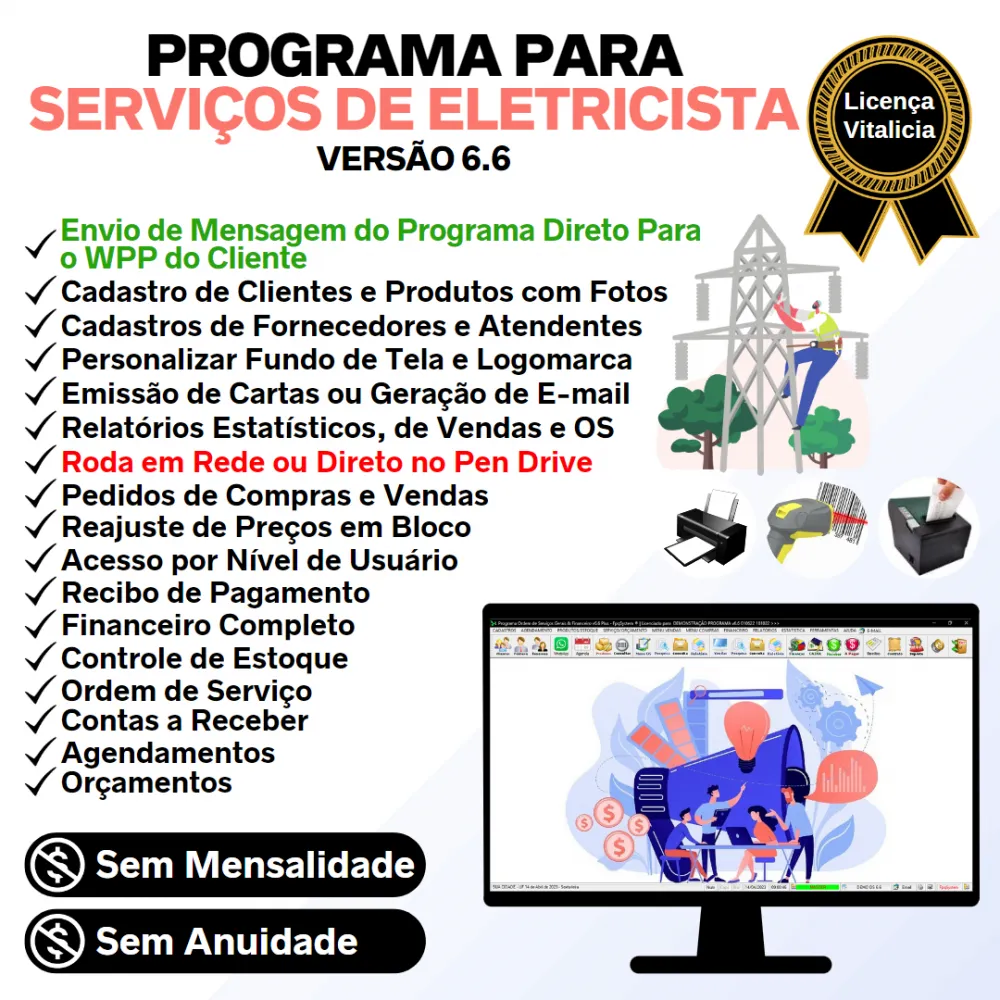 Programa Ordem De Serviços Para Eletricista com Vendas, Financeiro e Estatística v6.6 Plus + WhatsApp
