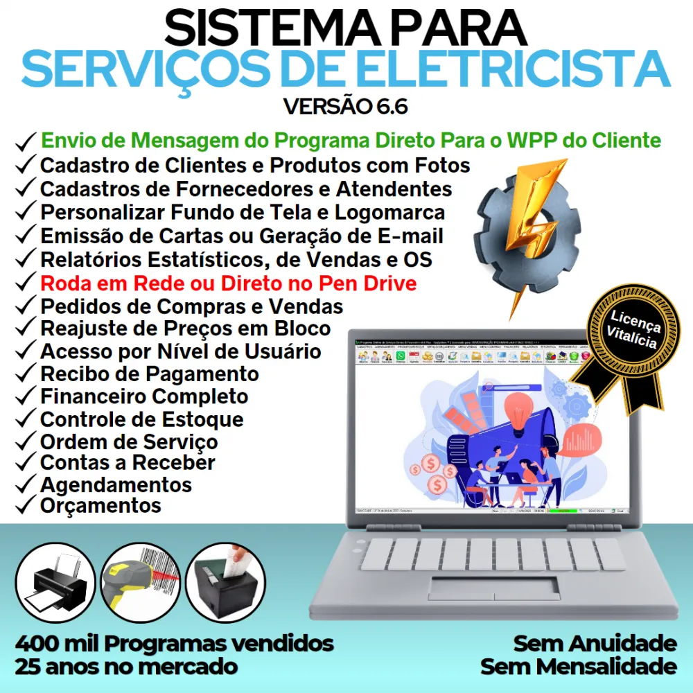 Sistema Ordem De Serviços Para Eletricista com Vendas, Financeiro e Estatística v6.6 Plus + WhatsApp