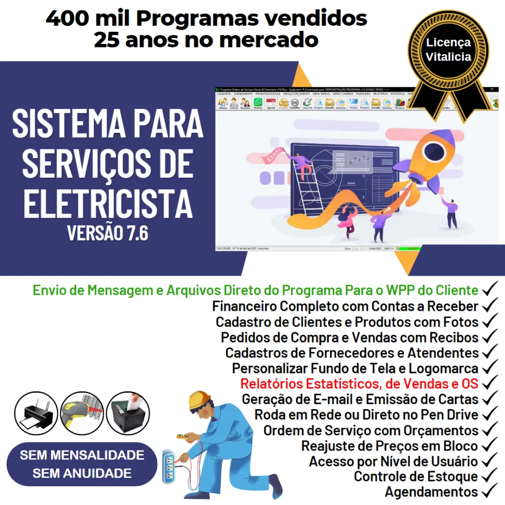 Sistema Ordem De Serviços Para Eletricista com Vendas, Financeiro e Estatísticas v7.6 Plus + WhatsApp via OS