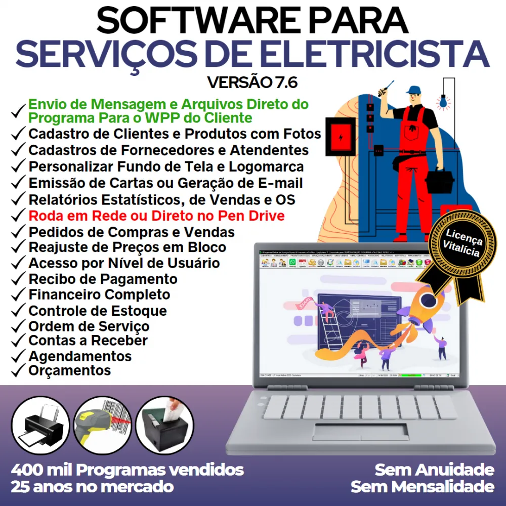 Software Ordem De Serviços Para Eletricista com Vendas, Financeiro e Estatísticas v7.6 Plus + WhatsApp via OS