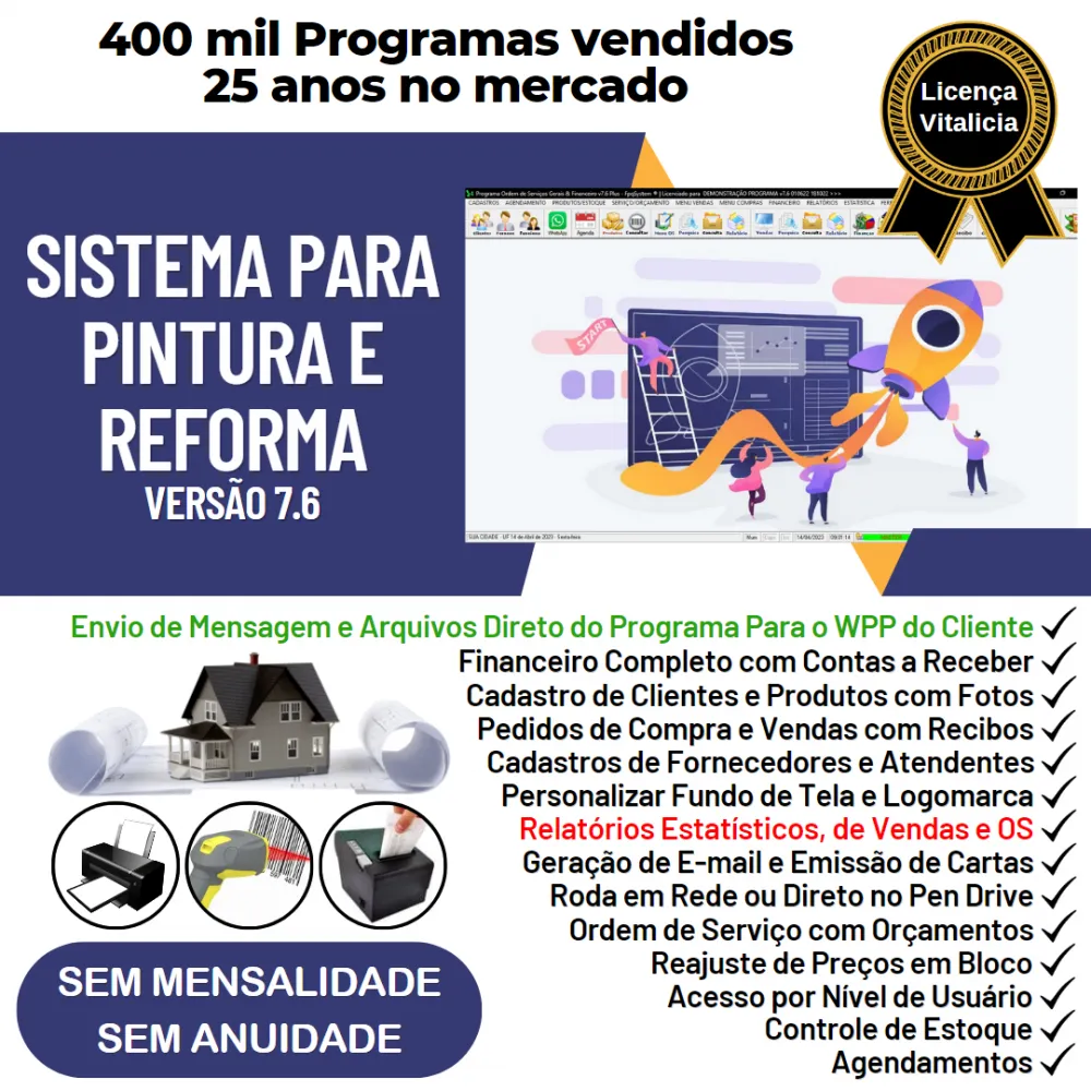 Sistema Para Serviços De Pintura E Reforma com Vendas, Financeiro e Estatísticas v7.6 Plus + WhatsApp via OS