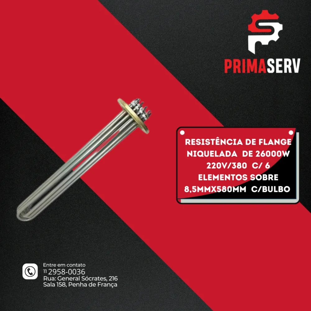 RESISTÊNCIA DE FLANGE NIQUELADA  DE 26000W 220V/380  C/ 6 ELEMENTOS SOBRE 8,5MMX580MM  C/BULBO - AUTO BAUMER