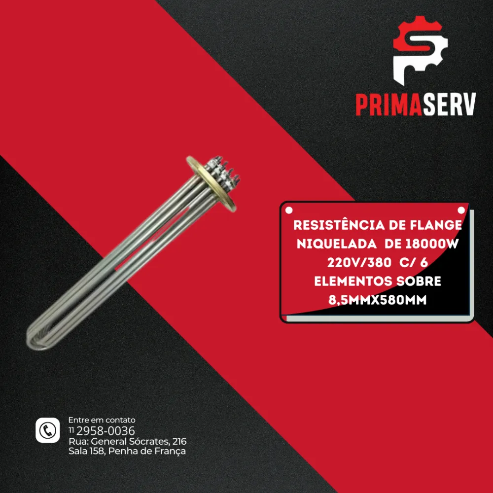 RESISTÊNCIA DE FLANGE NIQUELADA  DE 18000W 220V/380  C/ 6 ELEMENTOS SOBRE 8,5MMX580MM  C/BULBO - AUTO BAUMER
